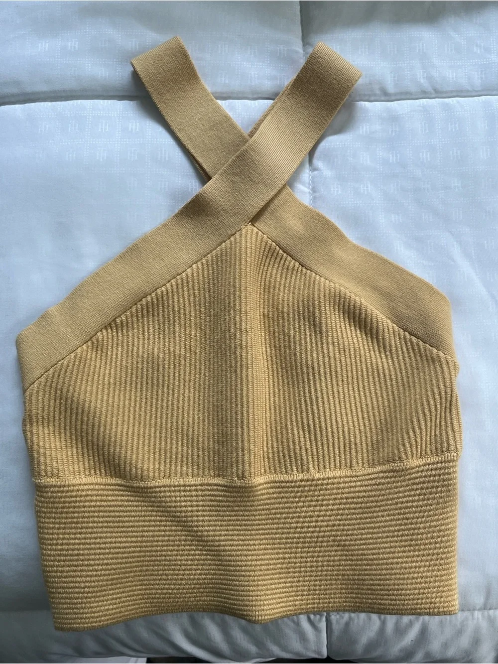 Abercrombie & Fitch Cross-Neck Ribbed Crop Tank Top - Yellow/Mustard - Picture 2 of 4
